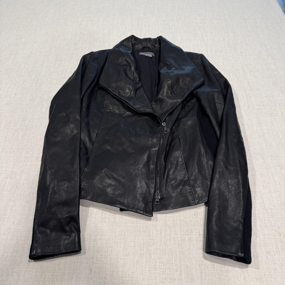 Vince Jacket Womens Medium Black Leather Moto Asym Zip Knit Wool Biker Short